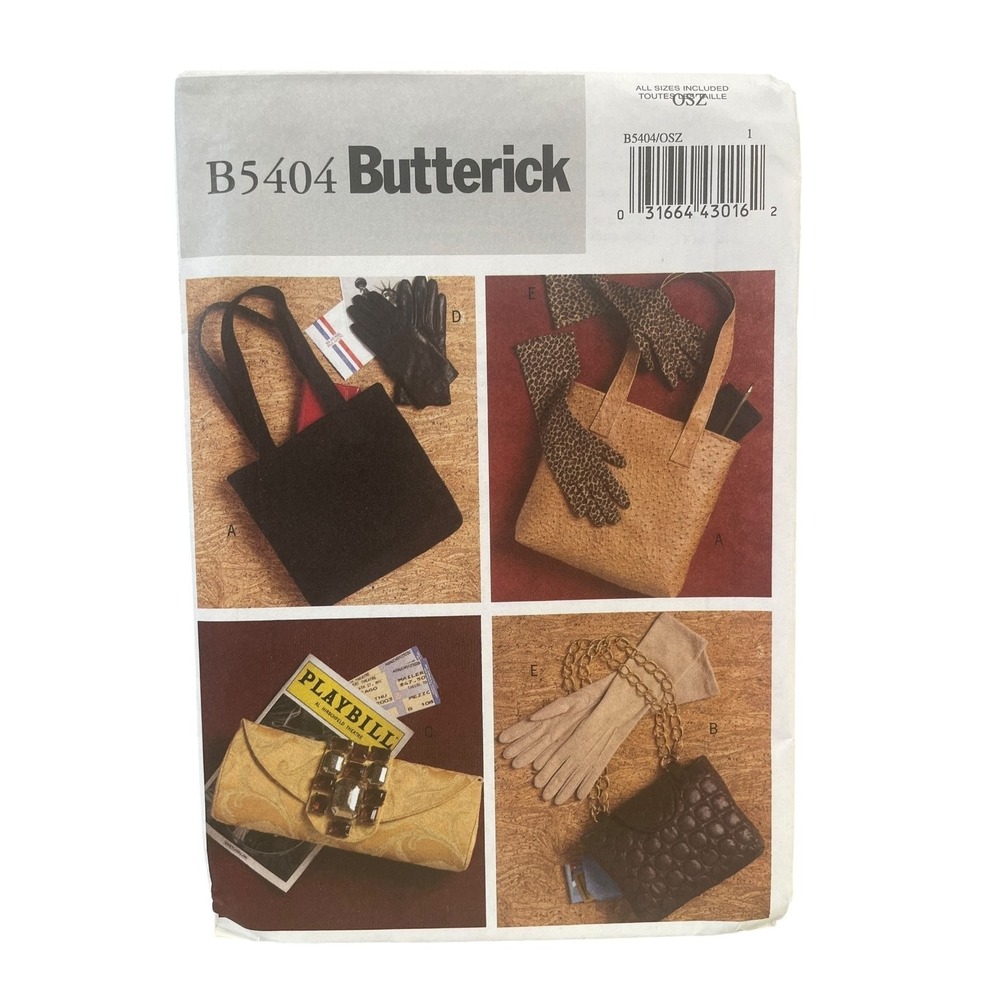 Butterick B5404 Bags Gloves Tote Clutch Accessory Sewing Pattern One Size‎